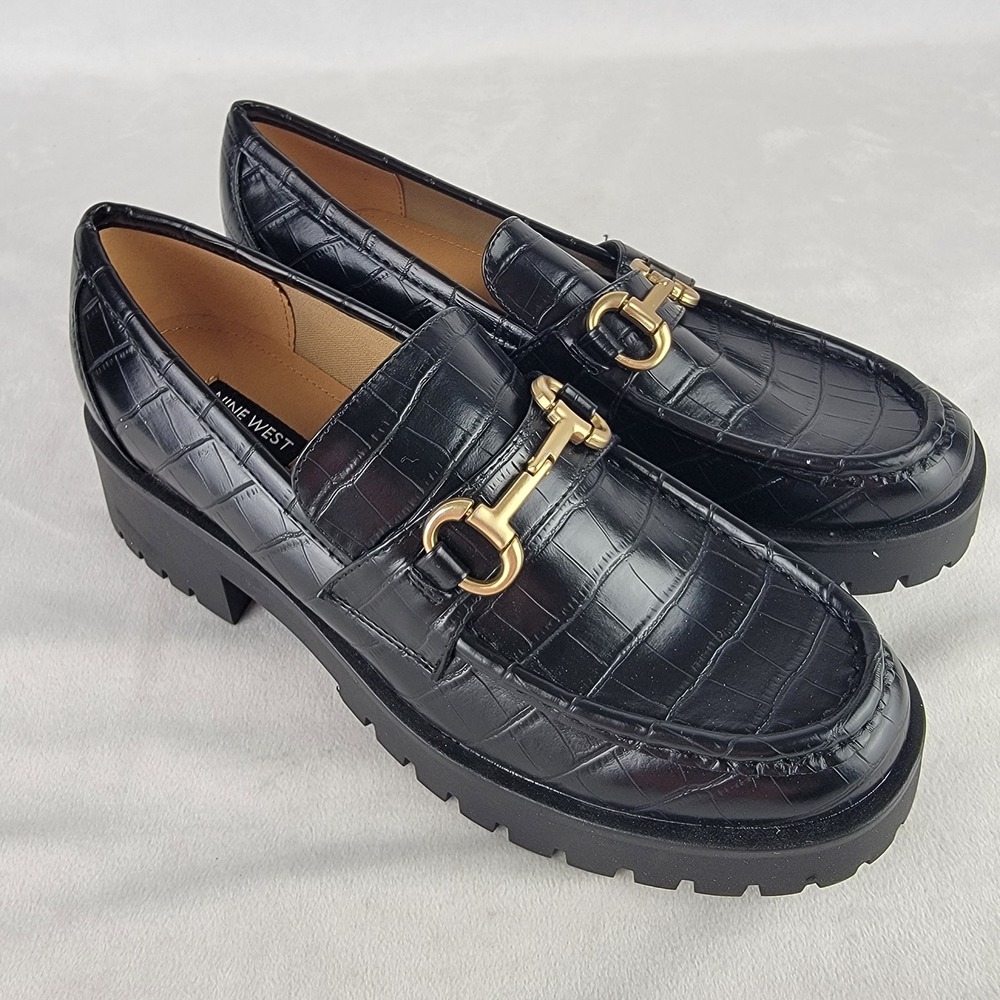Nine West Womens 8 Black Croc Embossed Lug Sole Loafers Slip On Gold Buckle NEW